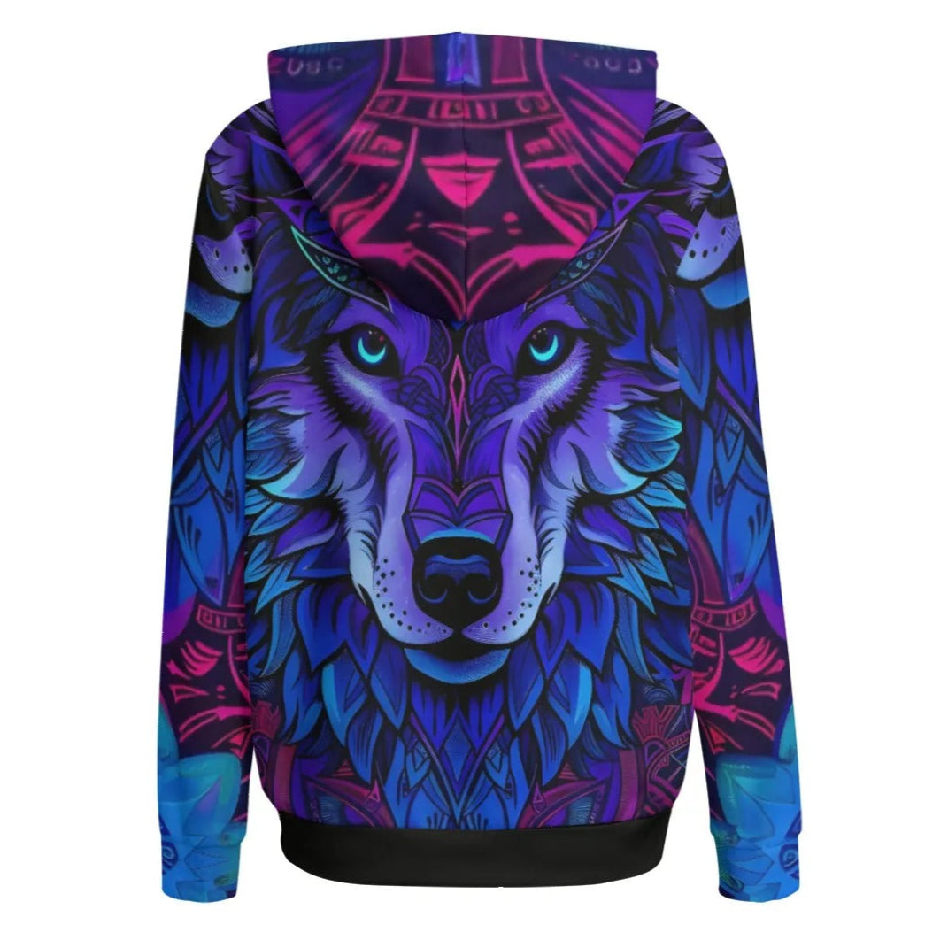 Wolf Mandala Women Hoodie, Spirit Animal Hoodie, Blue Purple Wolf Art, Tribal Festival Sweatshirt, Psychedelic Pullover, Boho Mystic Clothing, Shamanic Fashion, Hooded Top