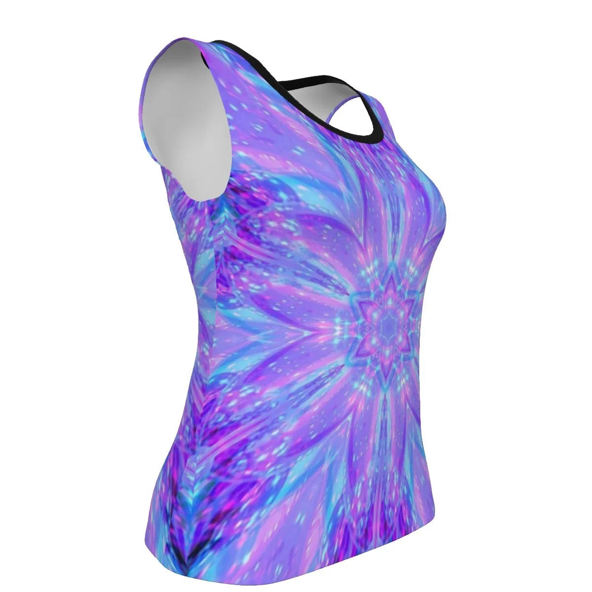 Kaleio Galaxy Women’s Tank Top, Trippy Psychedelic Space Shirt, Holographic Mandala Festival Wear, Cosmic Rave Sleeveless Tee