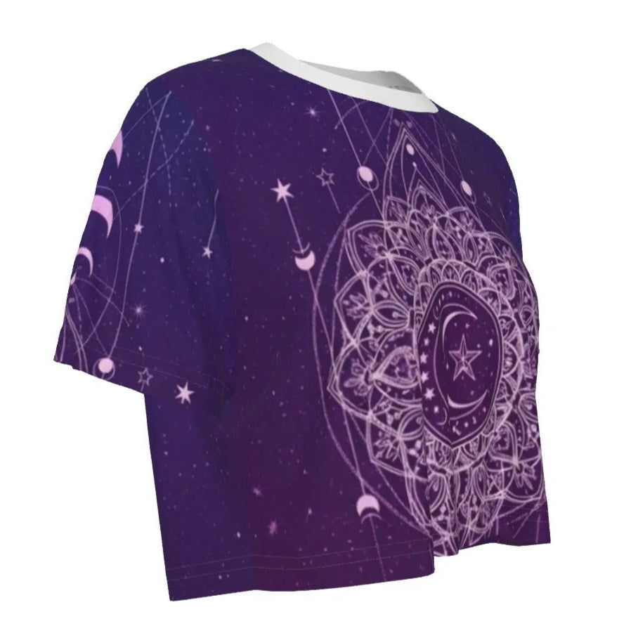 Mystic Lunar Mandala Crop Top, Moon Phase Spiritual Shirt, Celestial Lotus Short Top, Sacred Geometry Cosmic Wear, Boho Mystic Style