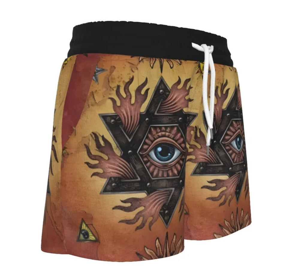 Women’s Mystic Mandala Shorts, Sacred Geometry Cosmic Eye Boho Bottoms, Psychedelic Sun Spiritual Festival Clothing