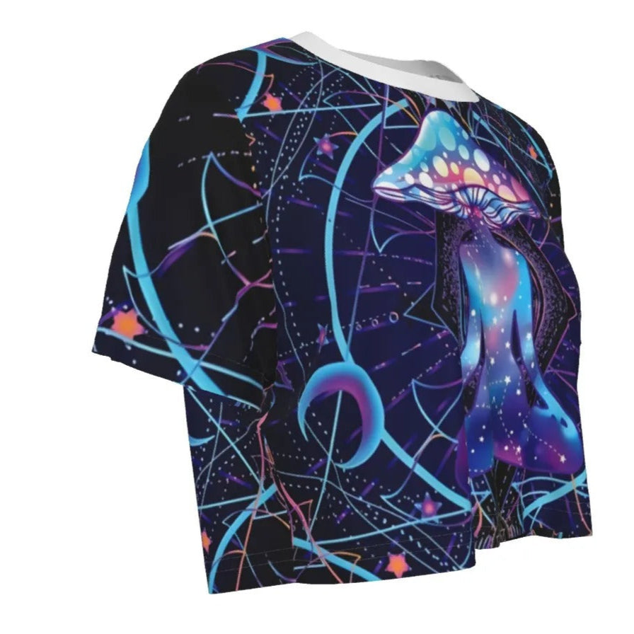 Mystic Mushroom Awakening Crop Top, Psychedelic Spiritual Shirt, Cosmic Mushroom Short Top, Visionary Art Festival Wear, Boho Mystic Style