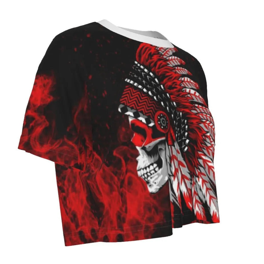 Native American Skull Crop Top, Red Feather Headdress Shirt, Tribal Gothic Short Top, Red Smoke Graphic Tee, Warrior Biker Style