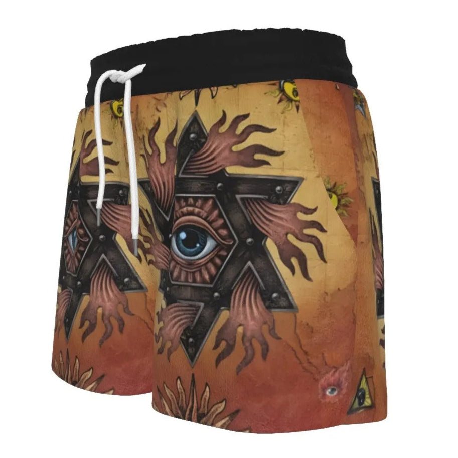 Women’s Mystic Mandala Shorts, Sacred Geometry Cosmic Eye Boho Bottoms, Psychedelic Sun Spiritual Festival Clothing