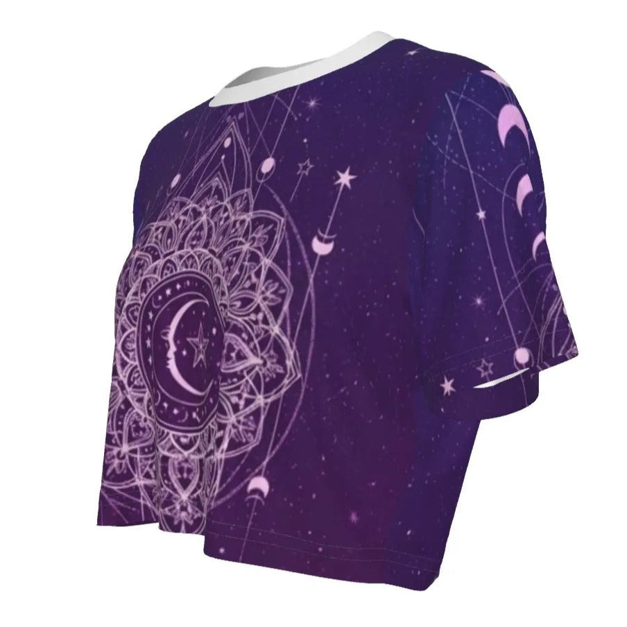Mystic Lunar Mandala Crop Top, Moon Phase Spiritual Shirt, Celestial Lotus Short Top, Sacred Geometry Cosmic Wear, Boho Mystic Style