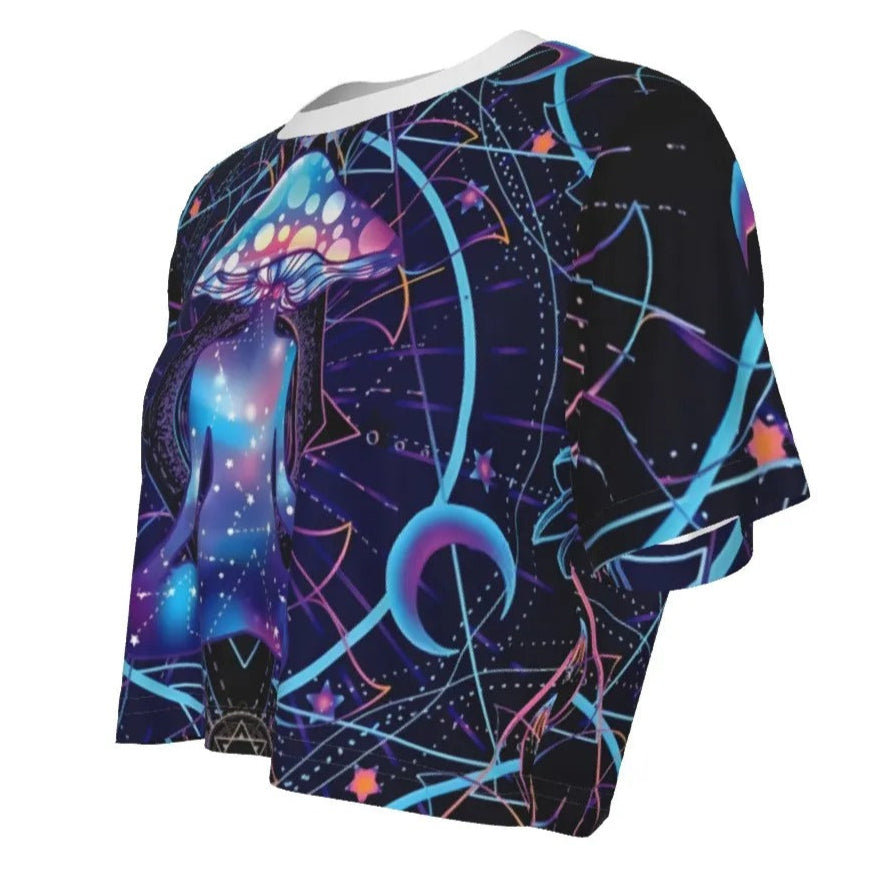 Mystic Mushroom Awakening Crop Top, Psychedelic Spiritual Shirt, Cosmic Mushroom Short Top, Visionary Art Festival Wear, Boho Mystic Style