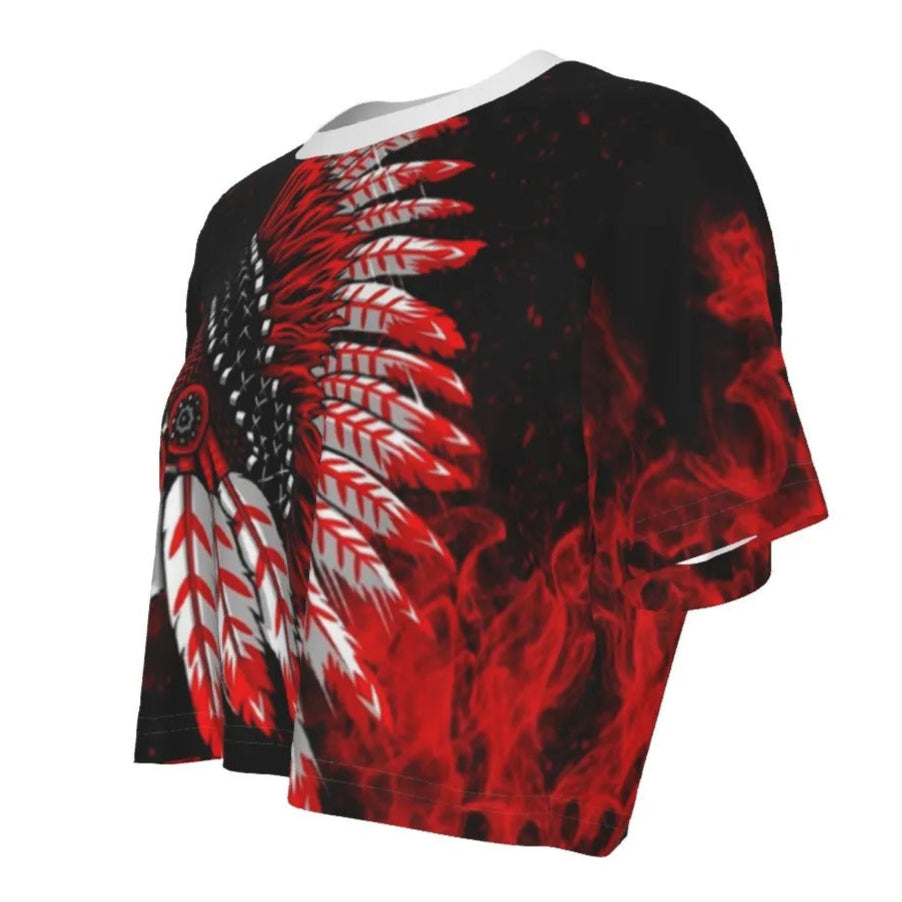 Native American Skull Crop Top, Red Feather Headdress Shirt, Tribal Gothic Short Top, Red Smoke Graphic Tee, Warrior Biker Style