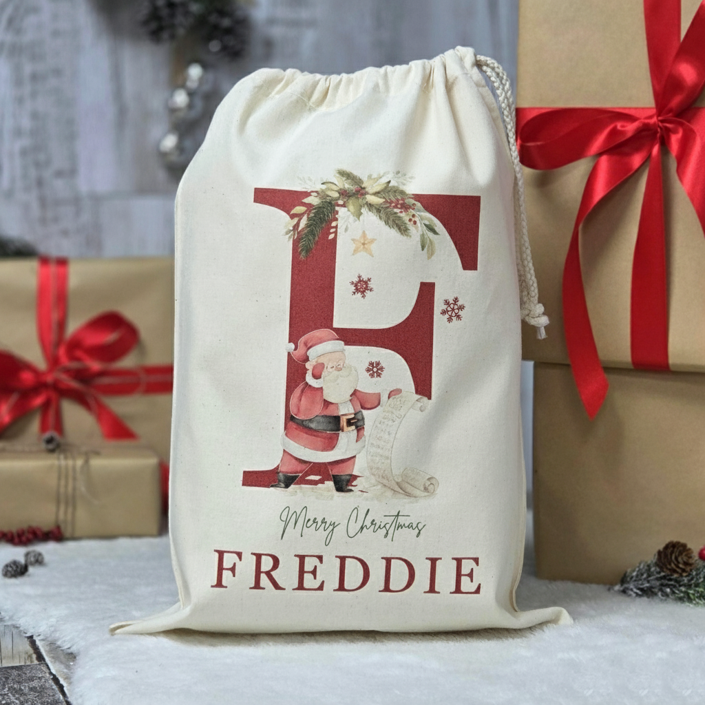 Personalized Santa Sack, Christmas Gift Bag with Initial & Name, Santa Claus Print Holiday Bag, Custom Xmas Present Bag for Kids