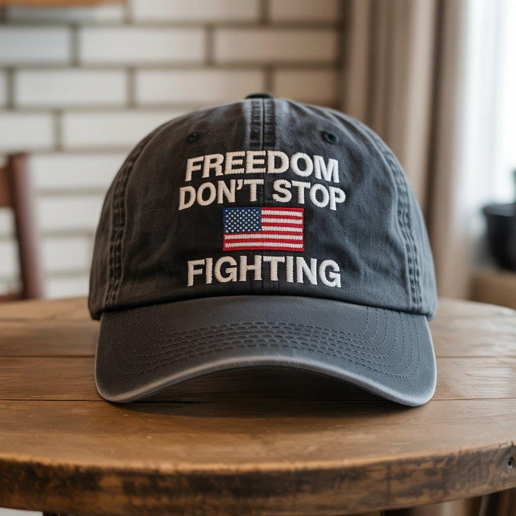 Embroidered Freedom Don't Stop Fighting Washed Hat, Charlie Kirk Hat, Make America Great Again, Pray for Charlie Kirk, Justice for Charlie Kirk