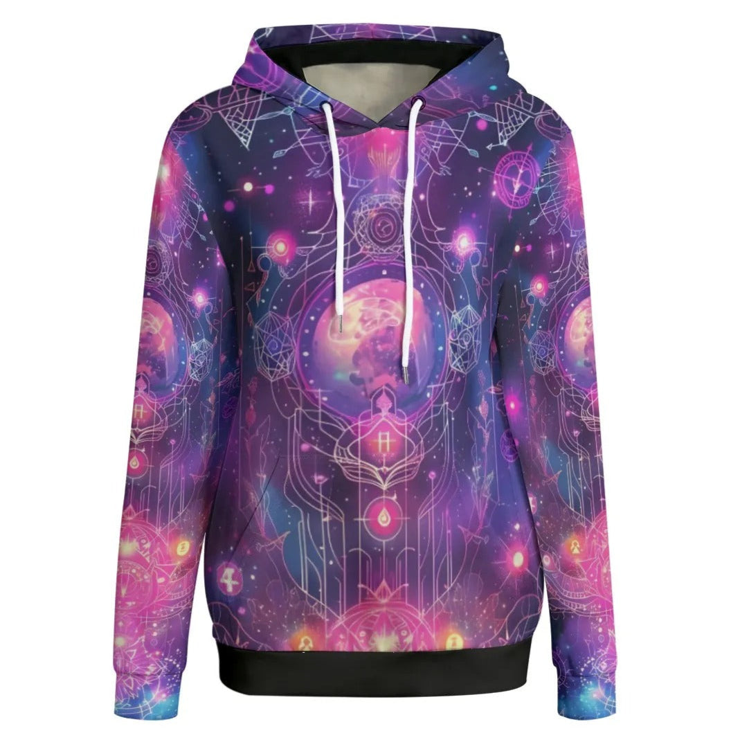 Cosmic Mysticism Women Hoodie, Galaxy Print Hoodie, Psychedelic Pullover, Magic Symbols Sweatshirt, Spiritual Festival Wear, Boho Mystic Clothing, Colorful Hooded Top