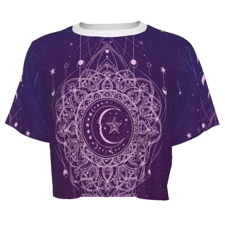 Mystic Lunar Mandala Crop Top, Moon Phase Spiritual Shirt, Celestial Lotus Short Top, Sacred Geometry Cosmic Wear, Boho Mystic Style