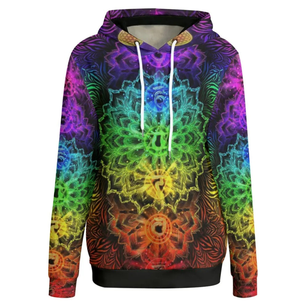 Sacred Chakras Women Hoodie, Rainbow Chakra Hoodie, Spiritual Energy Sweatshirt, Psychedelic Festival Wear, Boho Mystic Clothing, Healing Symbol Fashion