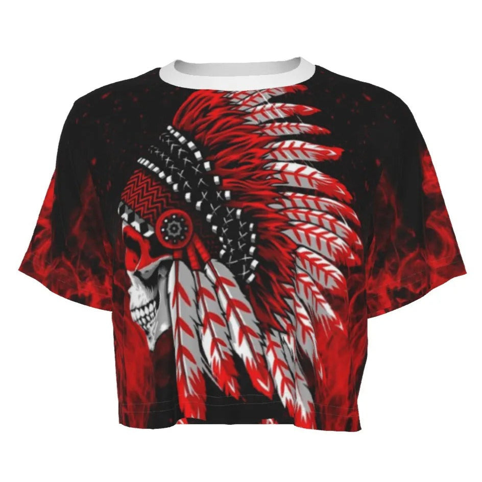 Native American Skull Crop Top, Red Feather Headdress Shirt, Tribal Gothic Short Top, Red Smoke Graphic Tee, Warrior Biker Style