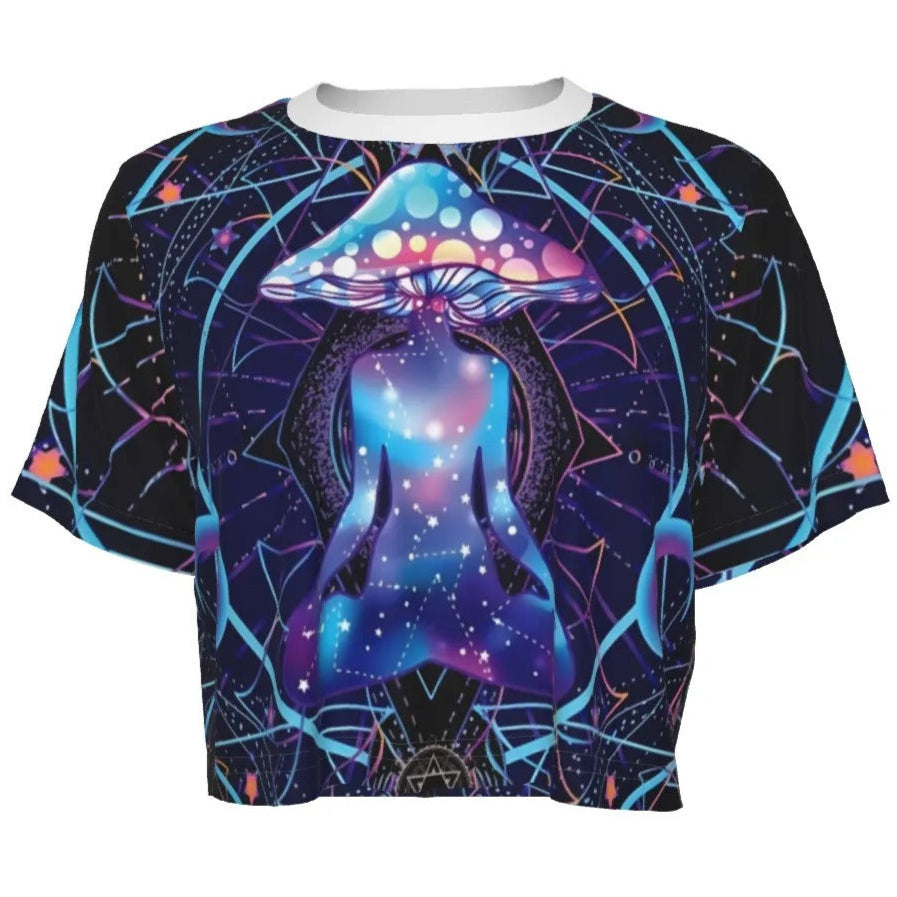 Mystic Mushroom Awakening Crop Top, Psychedelic Spiritual Shirt, Cosmic Mushroom Short Top, Visionary Art Festival Wear, Boho Mystic Style