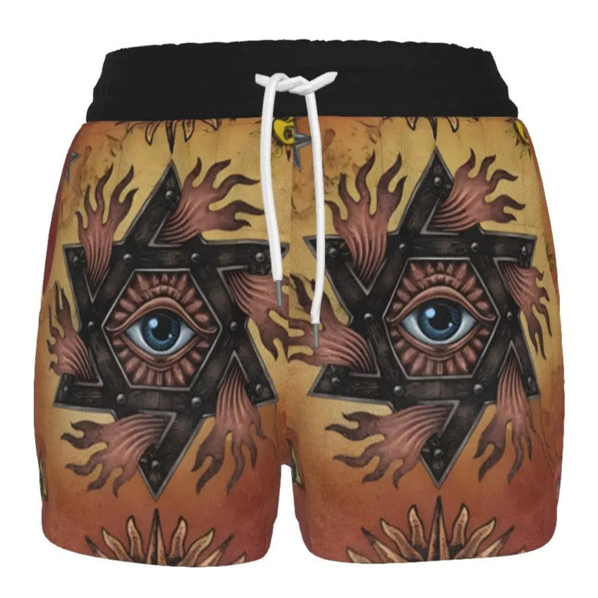 Women’s Mystic Mandala Shorts, Sacred Geometry Cosmic Eye Boho Bottoms, Psychedelic Sun Spiritual Festival Clothing