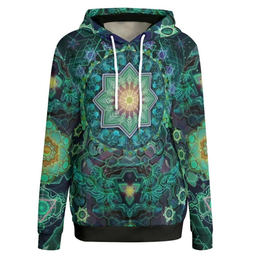 Yantric Geometry Women Hoodie, Sacred Geometry Hoodie, Green Mandala Art Sweatshirt, Psychedelic Pullover, Spiritual Festival Wear, Boho Meditation Clothing, Mystic Fashion