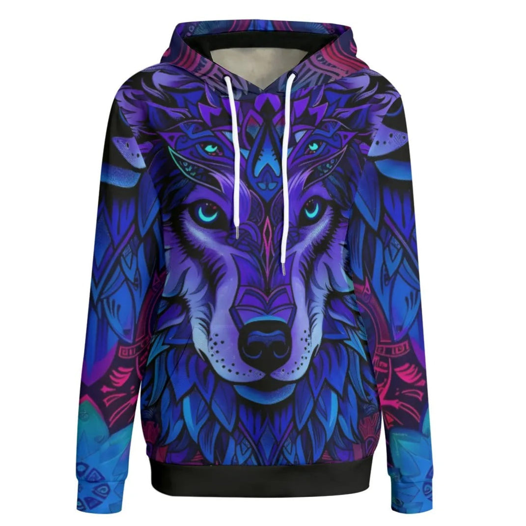 Wolf Mandala Women Hoodie, Spirit Animal Hoodie, Blue Purple Wolf Art, Tribal Festival Sweatshirt, Psychedelic Pullover, Boho Mystic Clothing, Shamanic Fashion, Hooded Top
