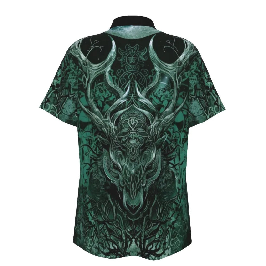 Women’s Vilking Polo Shirt, Celtic Warrior Polo with Norse Mythology Wolf Design, Viking Runes & Tribal Forest Spirit Art