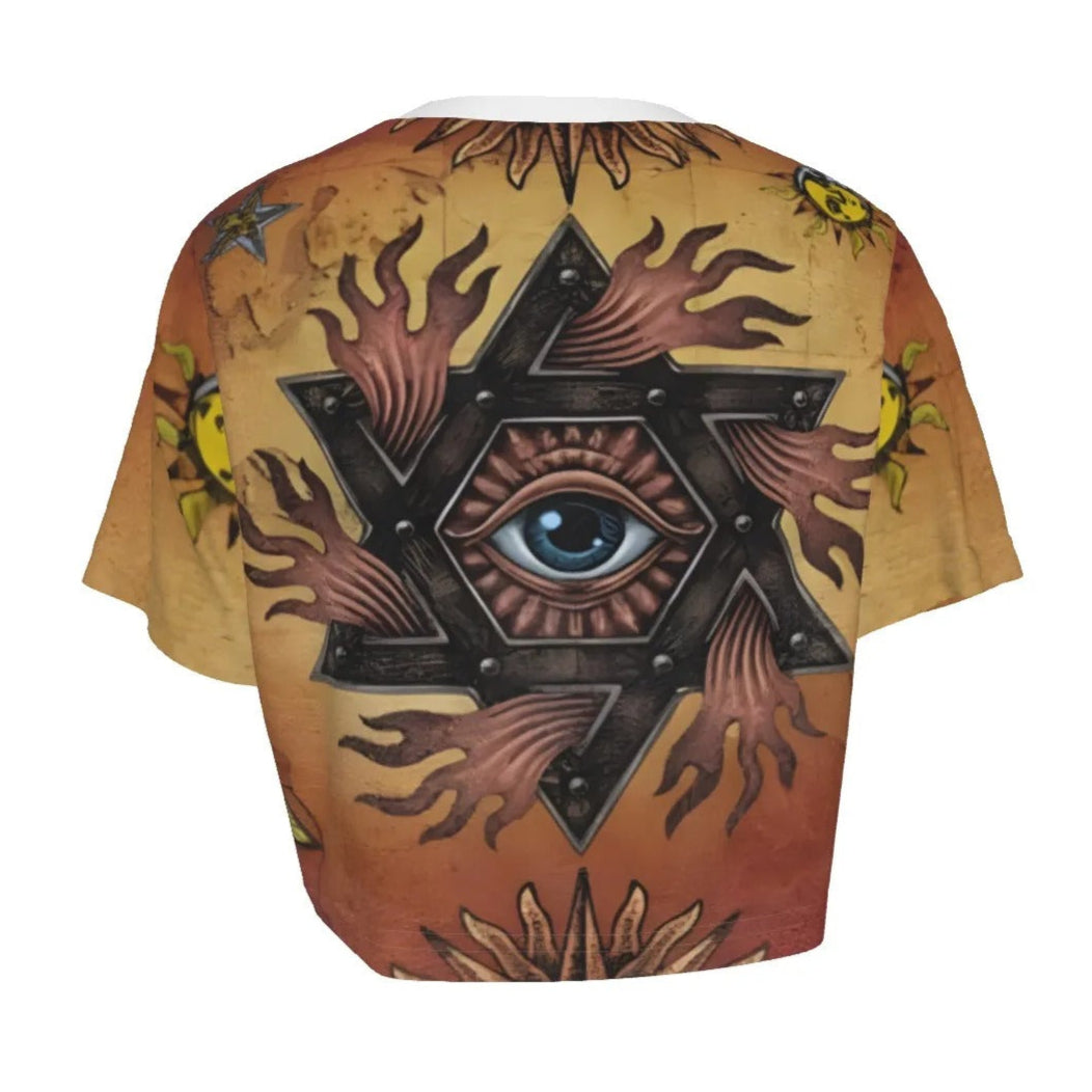 Mystic Mandala Crop Top, Sacred Geometry Eye Shirt, Psychedelic Sun Boho Festival Wear