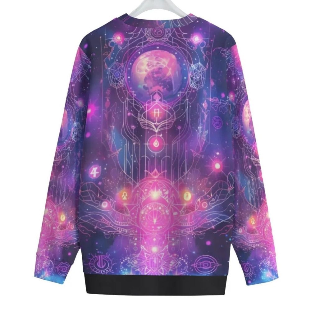 Cosmic Mysticism Women Sweater, Galaxy Print Pullover, Psychedelic Sweatshirt, Magic Symbols Top, Spiritual Festival Wear, Boho Mystic Clothing, Colorful Outerwear, Astral Fashion