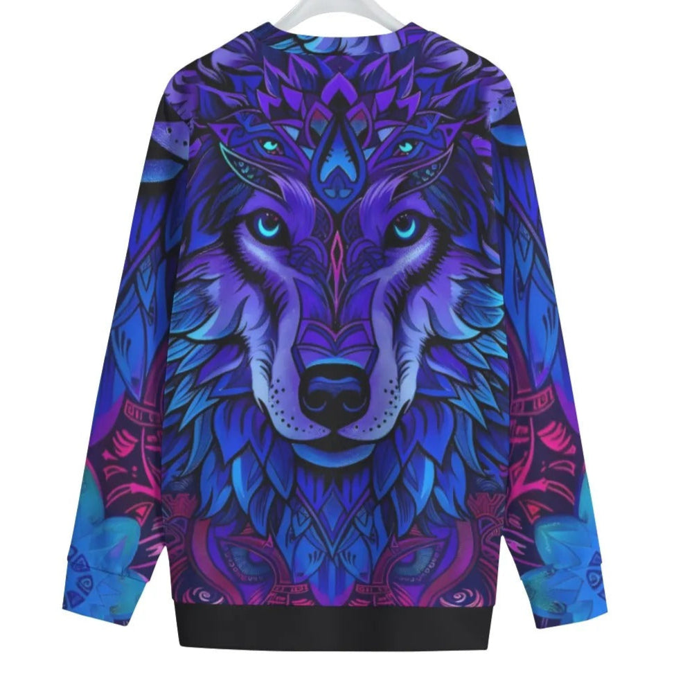 Wolf Mandala Women Sweater, Spirit Animal Pullover, Blue Purple Wolf Art, Tribal Festival Sweatshirt, Psychedelic Top, Boho Mystic Clothing, Shamanic Fashion, Hooded Style