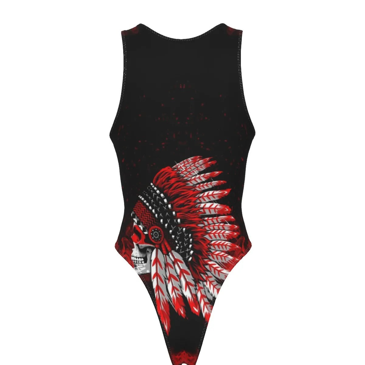 Native American Skull Swimsuit, Red Feather Headdress Swimwear, Tribal Gothic Bathing Suit, Red Smoke Graphic One-Piece, Warrior Biker Style