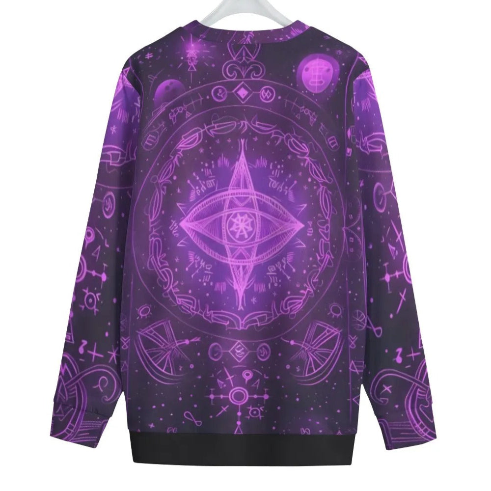Mystical Fantasy Women Sweater, All Seeing Eye Pullover, Purple Magic Symbols Sweatshirt, Psychedelic Top, Spiritual Festival Wear, Witchcore Clothing, Boho Mystic Fashion
