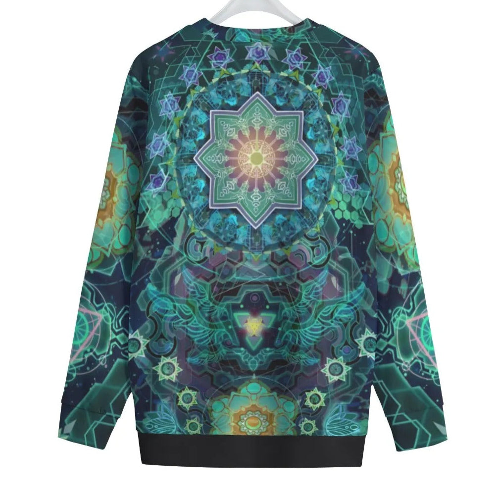 Yantric Geometry Women Sweater, Sacred Geometry Pullover, Green Mandala Art Sweatshirt, Psychedelic Top, Spiritual Festival Wear, Boho Meditation Clothing, Mystic Fashion