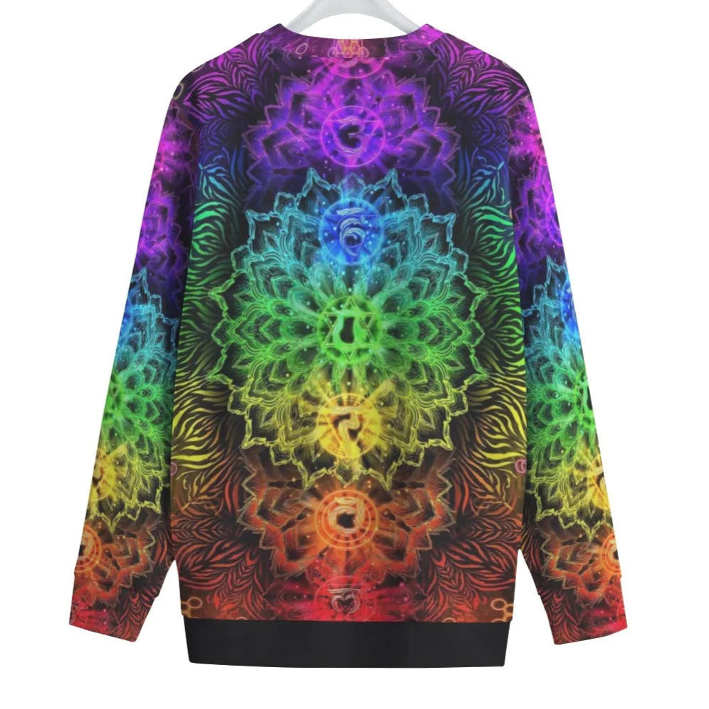 Sacred Chakras Women Sweater, Rainbow Chakra Pullover, Spiritual Energy Sweatshirt, Yoga Meditation Top, Psychedelic Festival Wear, Boho Mystic Clothing, Healing Symbol Fashion