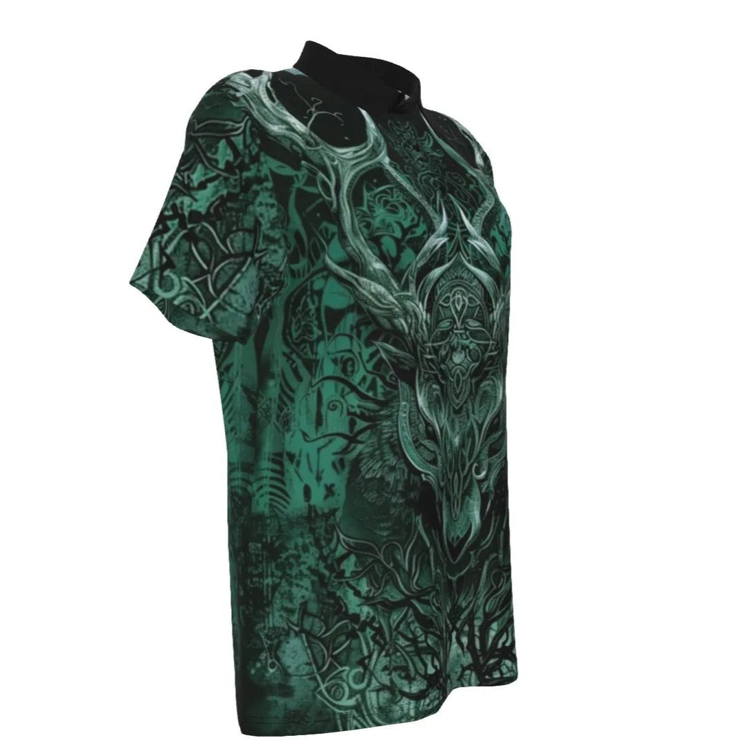 Women’s Vilking Polo Shirt, Celtic Warrior Polo with Norse Mythology Wolf Design, Viking Runes & Tribal Forest Spirit Art