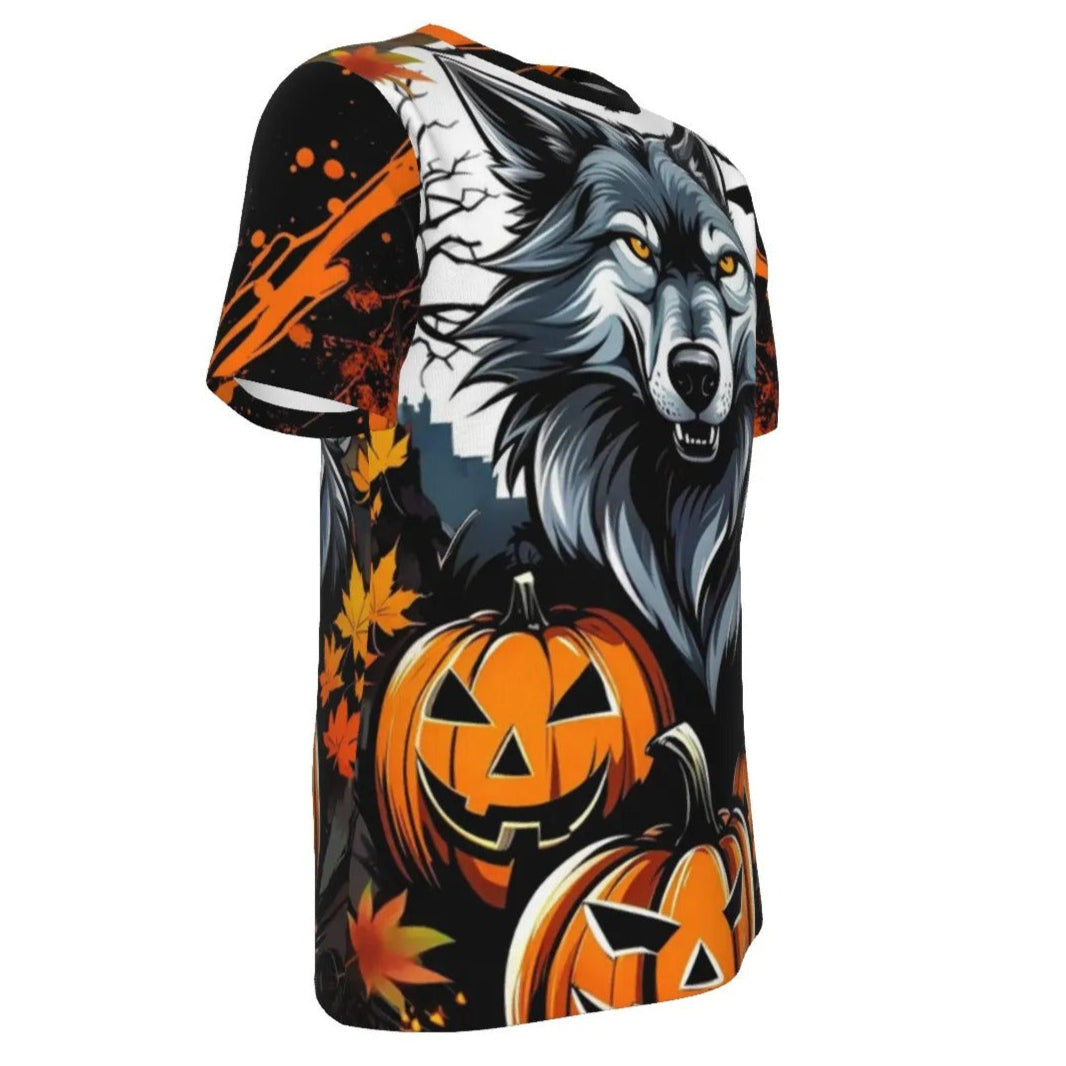 Howling Halloween Costumes Night Wolf T-Shirt, Spooky Pumpkin Bat Custom T Shirts, Halloween Moon Wolf Shirt, Scary Fall Autumn Top, Halloween Costume Ideas