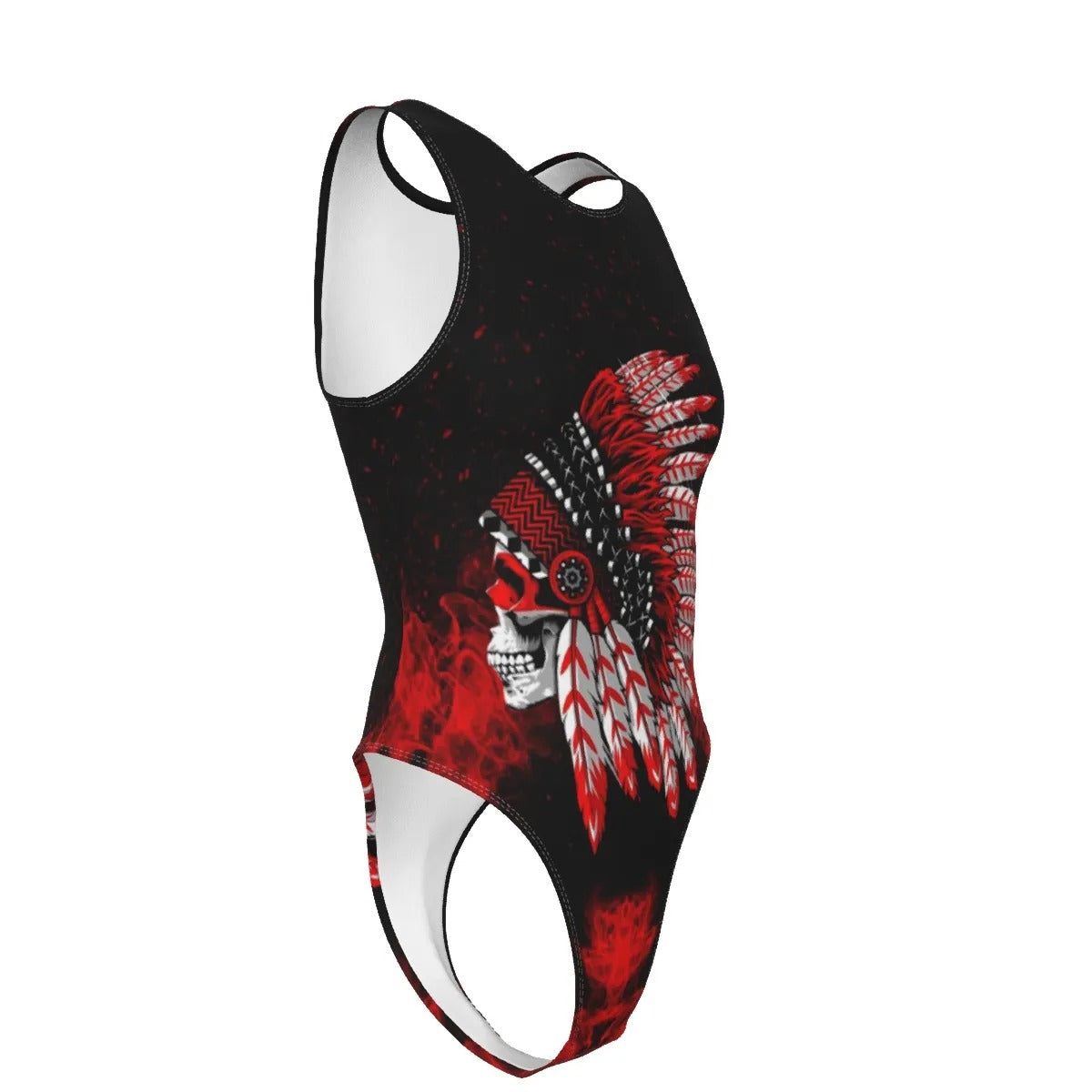 Native American Skull Swimsuit, Red Feather Headdress Swimwear, Tribal Gothic Bathing Suit, Red Smoke Graphic One-Piece, Warrior Biker Style