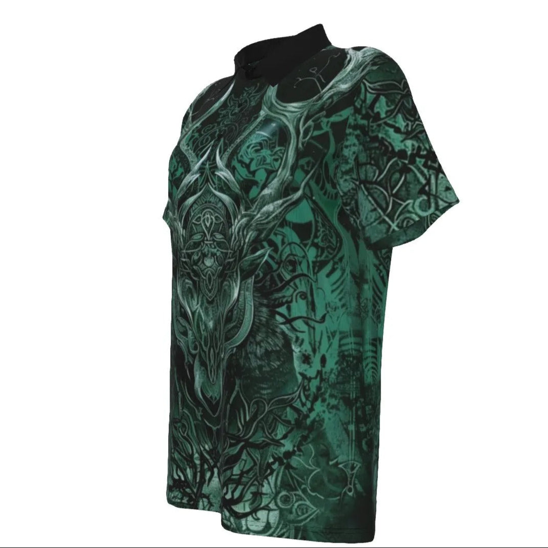 Women’s Vilking Polo Shirt, Celtic Warrior Polo with Norse Mythology Wolf Design, Viking Runes & Tribal Forest Spirit Art