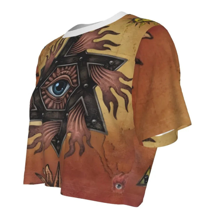 Mystic Mandala Crop Top, Sacred Geometry Eye Shirt, Psychedelic Sun Boho Festival Wear