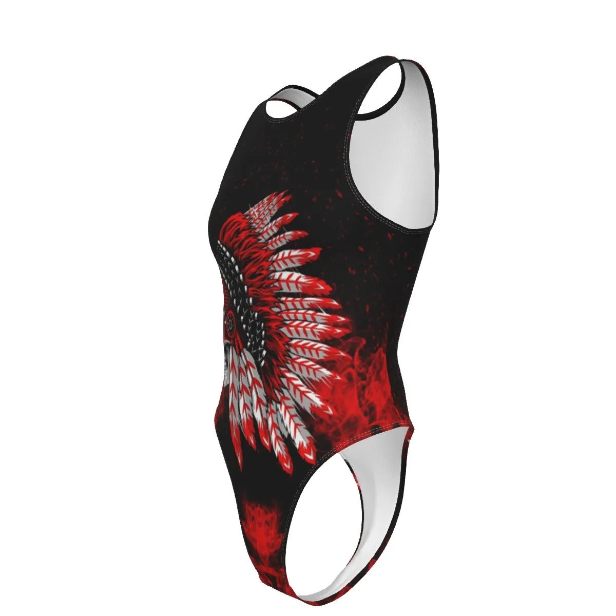 Native American Skull Swimsuit, Red Feather Headdress Swimwear, Tribal Gothic Bathing Suit, Red Smoke Graphic One-Piece, Warrior Biker Style