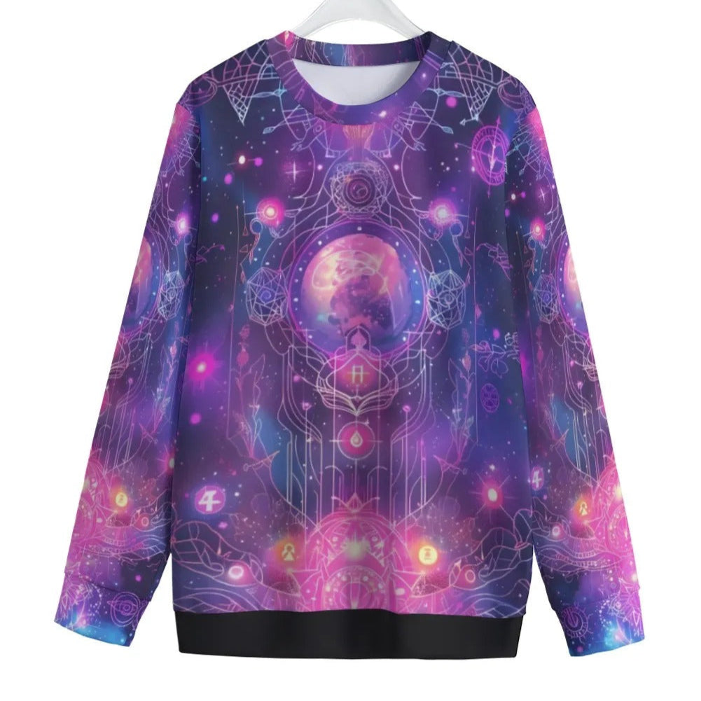 Cosmic Mysticism Women Sweater, Galaxy Print Pullover, Psychedelic Sweatshirt, Magic Symbols Top, Spiritual Festival Wear, Boho Mystic Clothing, Colorful Outerwear, Astral Fashion