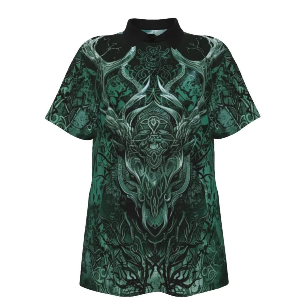 Women’s Vilking Polo Shirt, Celtic Warrior Polo with Norse Mythology Wolf Design, Viking Runes & Tribal Forest Spirit Art