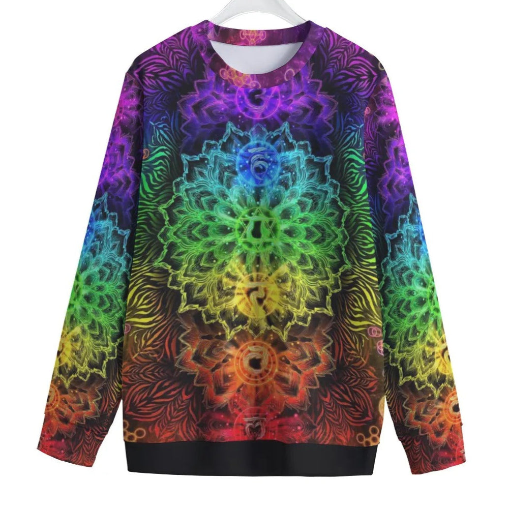 Sacred Chakras Women Sweater, Rainbow Chakra Pullover, Spiritual Energy Sweatshirt, Yoga Meditation Top, Psychedelic Festival Wear, Boho Mystic Clothing, Healing Symbol Fashion