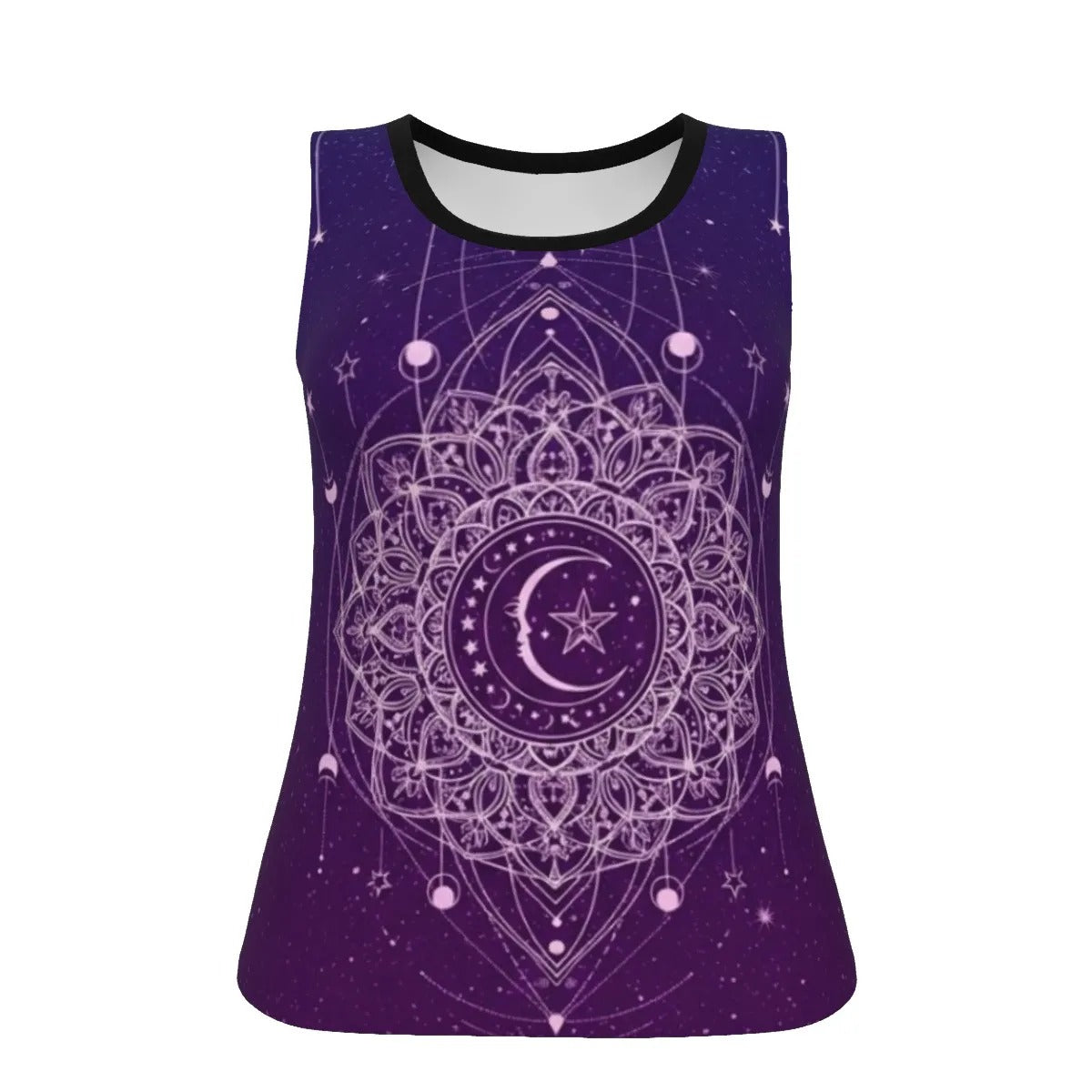 Mystic Lunar Mandala Women’s Tank Top, Moon Phase Spiritual Shirt, Celestial Lotus Sleeveless Top, Sacred Geometry Cosmic Wear, Boho Mystic Style