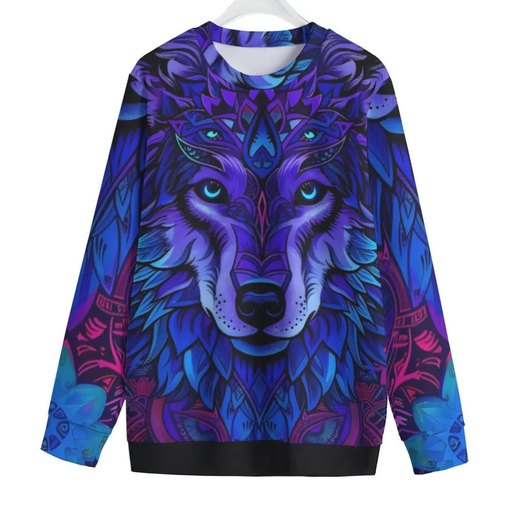 Wolf Mandala Women Sweater, Spirit Animal Pullover, Blue Purple Wolf Art, Tribal Festival Sweatshirt, Psychedelic Top, Boho Mystic Clothing, Shamanic Fashion, Hooded Style