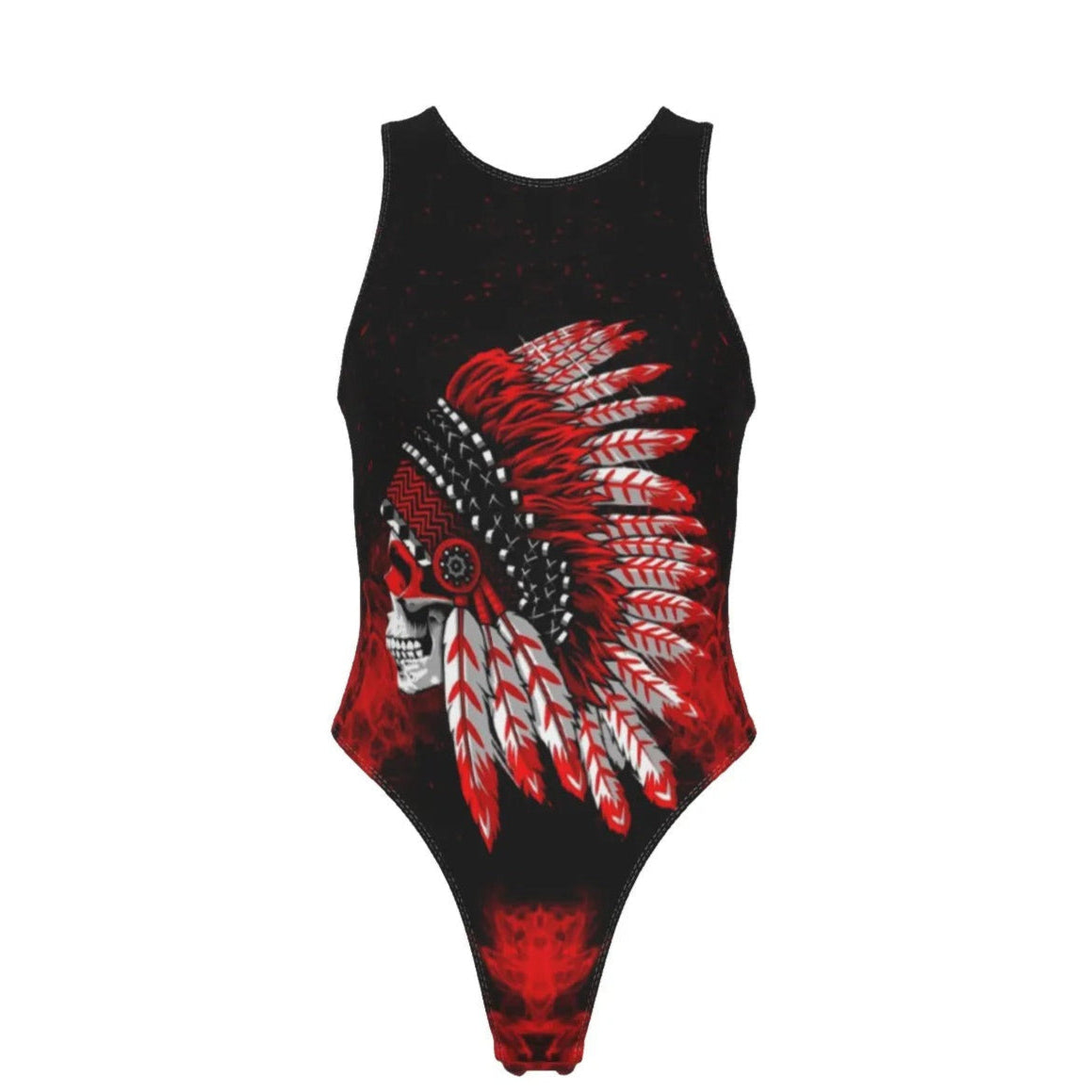 Native American Skull Swimsuit, Red Feather Headdress Swimwear, Tribal Gothic Bathing Suit, Red Smoke Graphic One-Piece, Warrior Biker Style