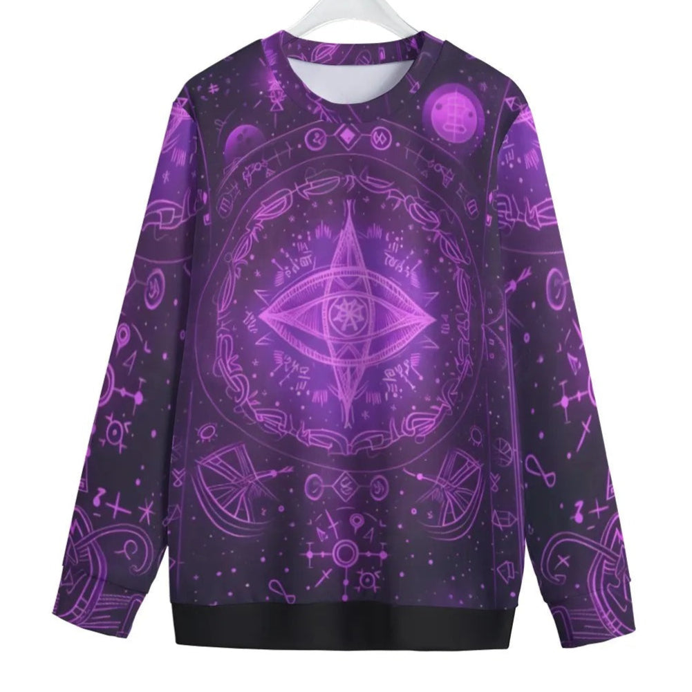 Mystical Fantasy Women Sweater, All Seeing Eye Pullover, Purple Magic Symbols Sweatshirt, Psychedelic Top, Spiritual Festival Wear, Witchcore Clothing, Boho Mystic Fashion
