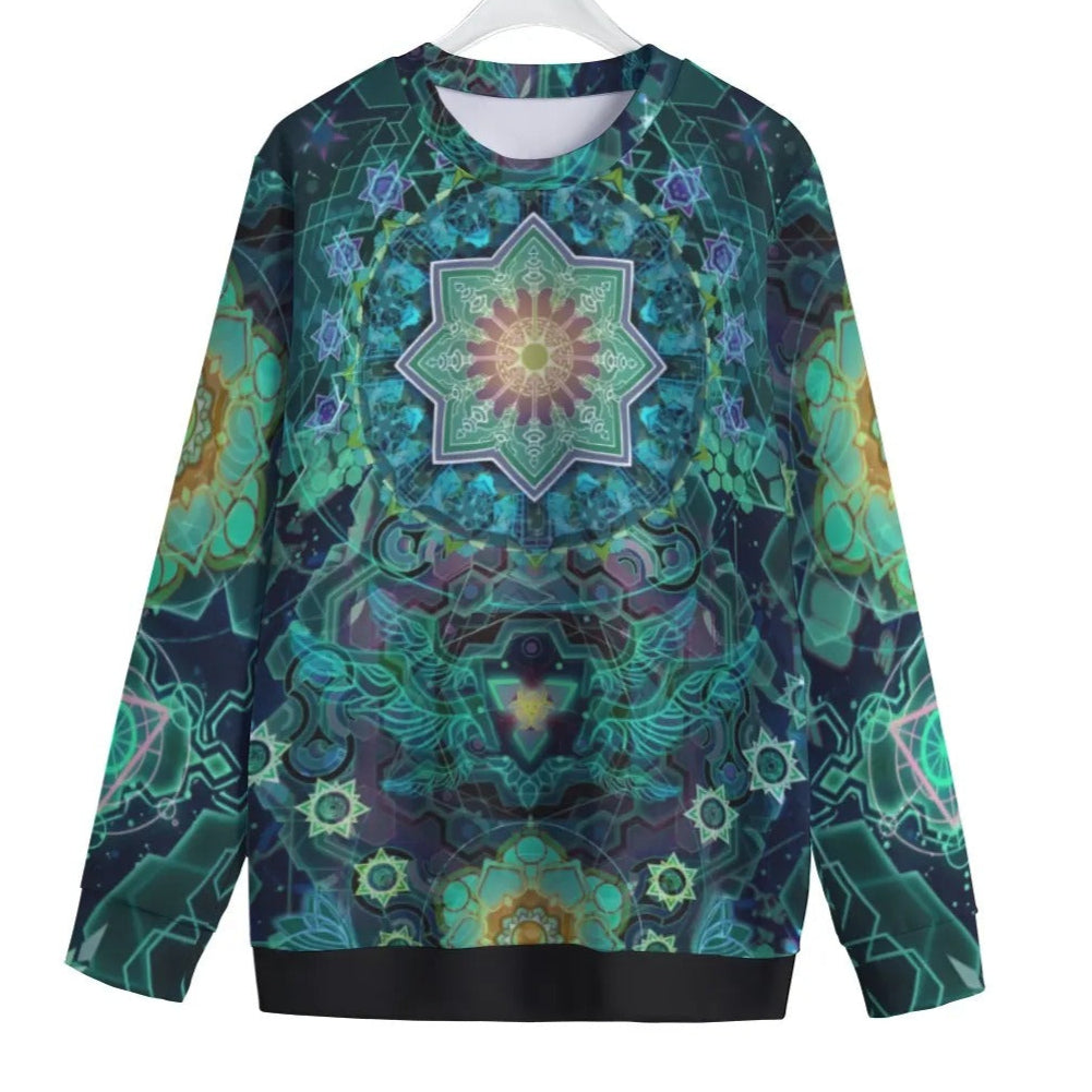 Yantric Geometry Women Sweater, Sacred Geometry Pullover, Green Mandala Art Sweatshirt, Psychedelic Top, Spiritual Festival Wear, Boho Meditation Clothing, Mystic Fashion