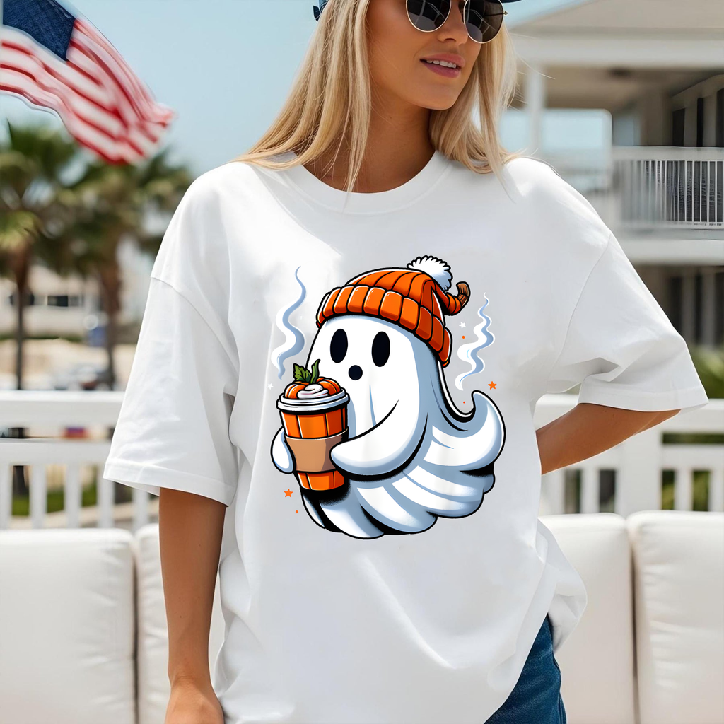 Cozy Ghost Fall Shirt,  Cute Halloween Coffee Ghost Tee,  Autumn Vibes Pumpkin Latte T-Shirt for Women