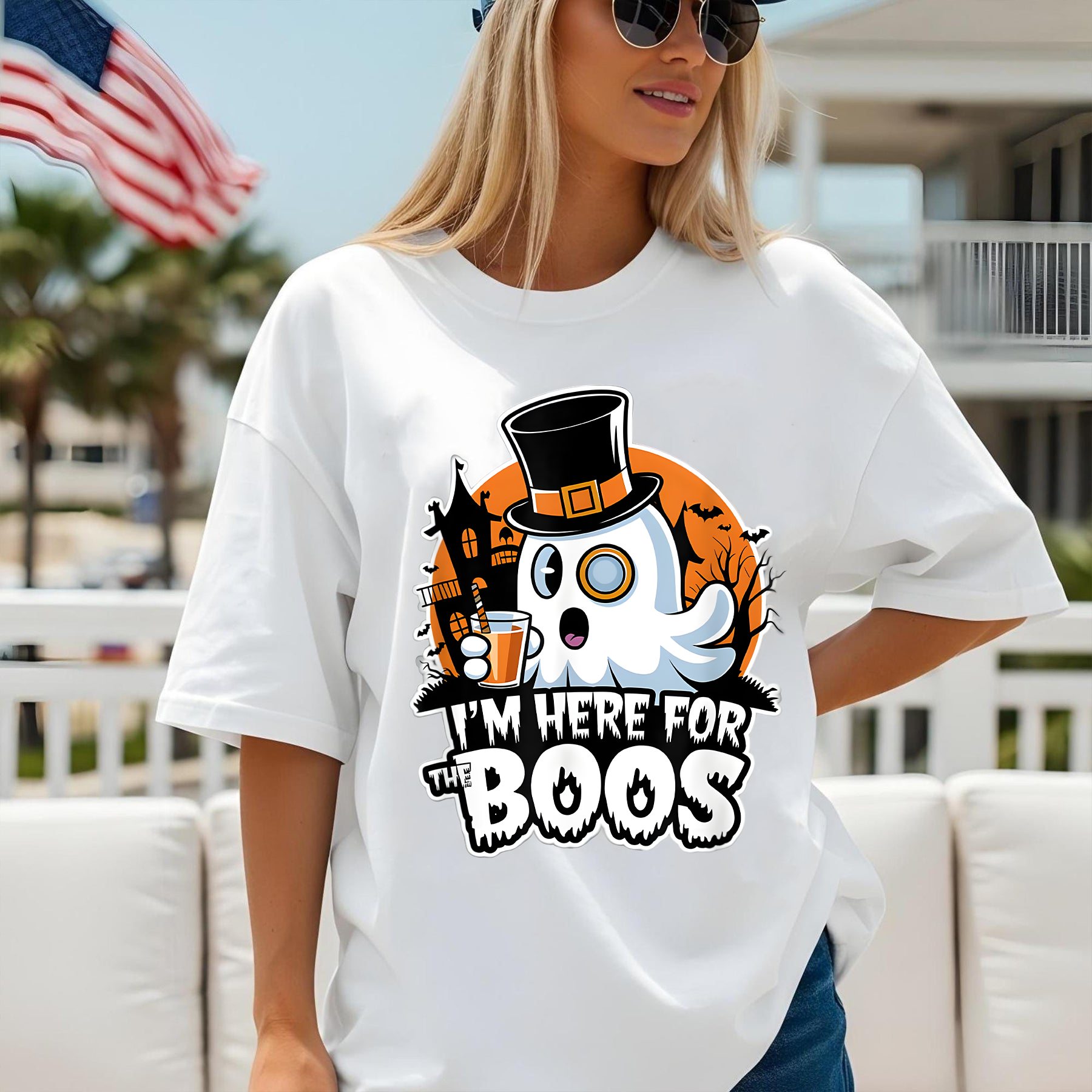 Cute Ghost with Top Hat Tee, Booze Halloween Shirt, Funny Halloween Party Shirt