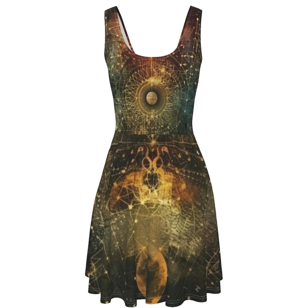 Celestial Alchemy Dress, Sacred Geometry Midi Dress with Cosmic Symbols & Mystical Astral Design, Style for Spiritual Souls & Moon Lovers