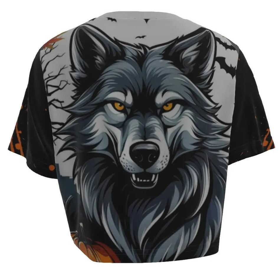 Howling Halloween Costumes Night Wolf Crop Top, Spooky Pumpkin Bat Custom T Shirts, Gothic Halloween Fashion, Halloween Costume Ideas