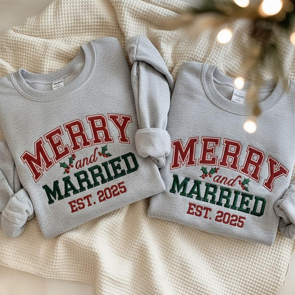 Embroidered Merry and Married Sweatshirt, Christmas Newlywed Matching Couple Sweaters, Christmas Wedding Sweater, Christmas Couple Shir EBAC70