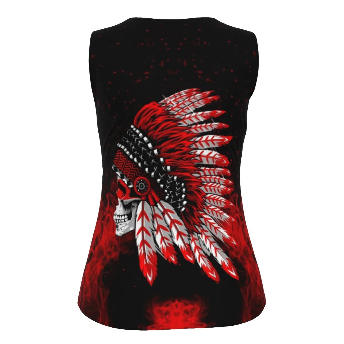 Native American Skull Women’s Tank Top, Red Feather Headdress Shirt, Tribal Gothic Sleeveless Top, Red Smoke Graphic Tank, Warrior Biker Style