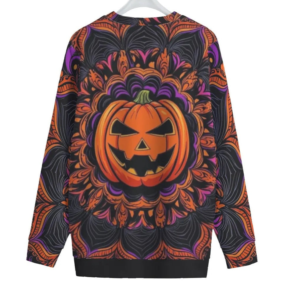 Pumpkin Mandala Magic Women’s Sweater, Halloween Jack-o’-Lantern Knitwear, Spooky Mandala Art Pullover, Gothic Fall Fashion