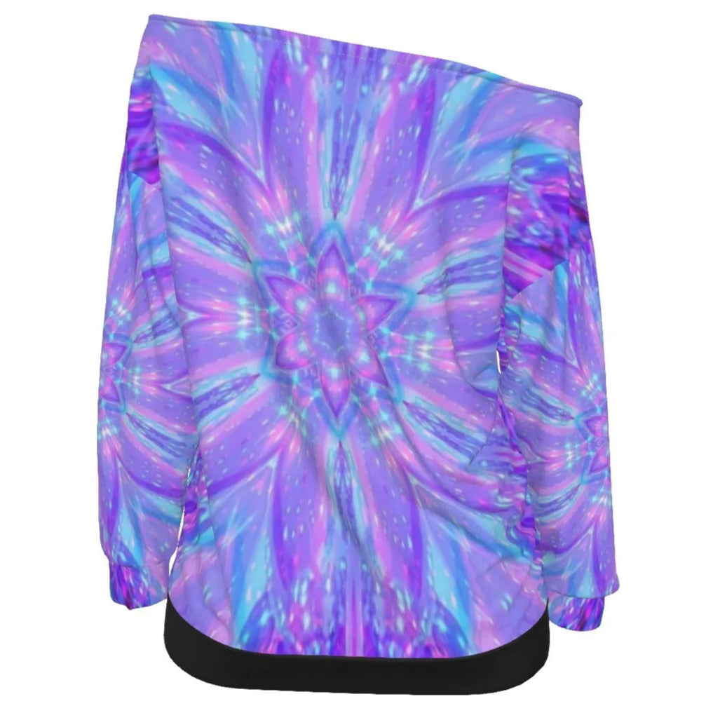 Kaleio Galaxy Off Shoulder Top, Trippy Psychedelic Space Shirt, Holographic Mandala Festival Blouse, Cosmic Rave Outfit for Women